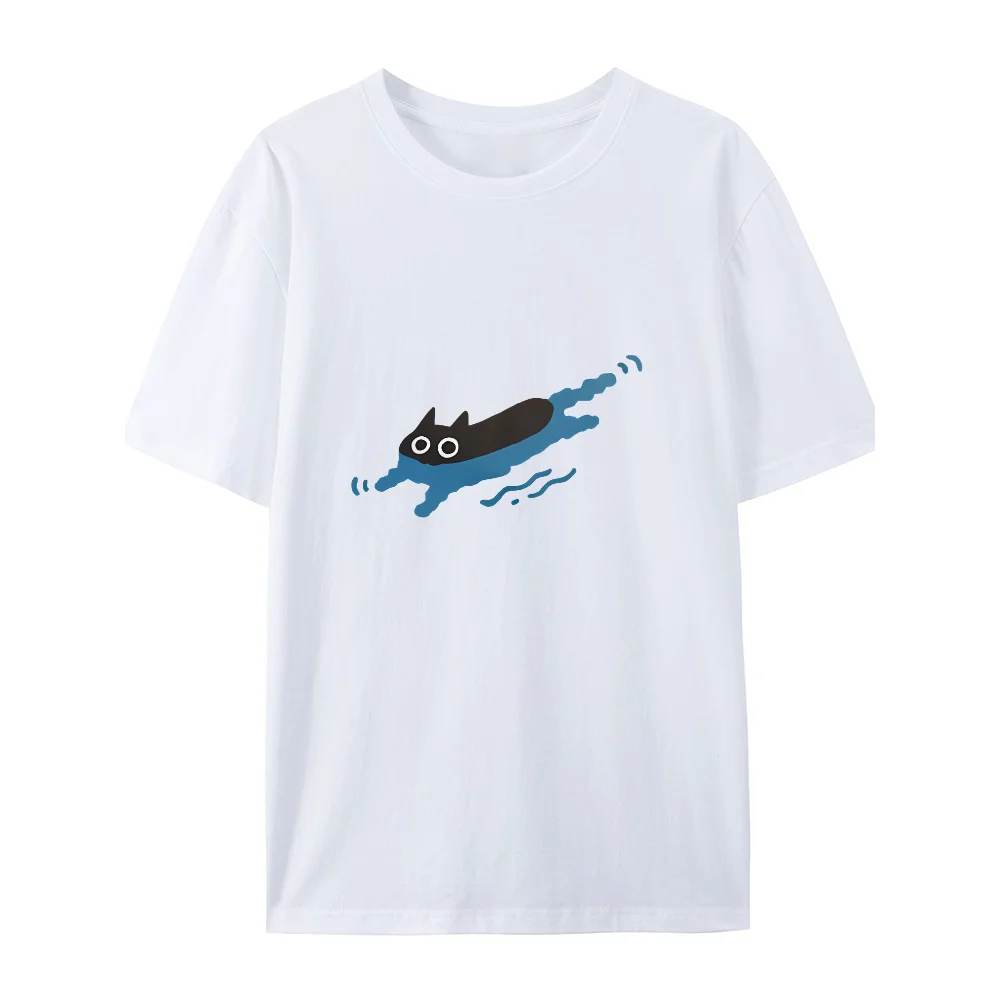 Schwimmen Schwarze Katze Tauchen Schulter Kurzarm T-shirt Männer Frauen Atmungsaktive Casual Reine Baumwolle Lose Tops Paar Tees