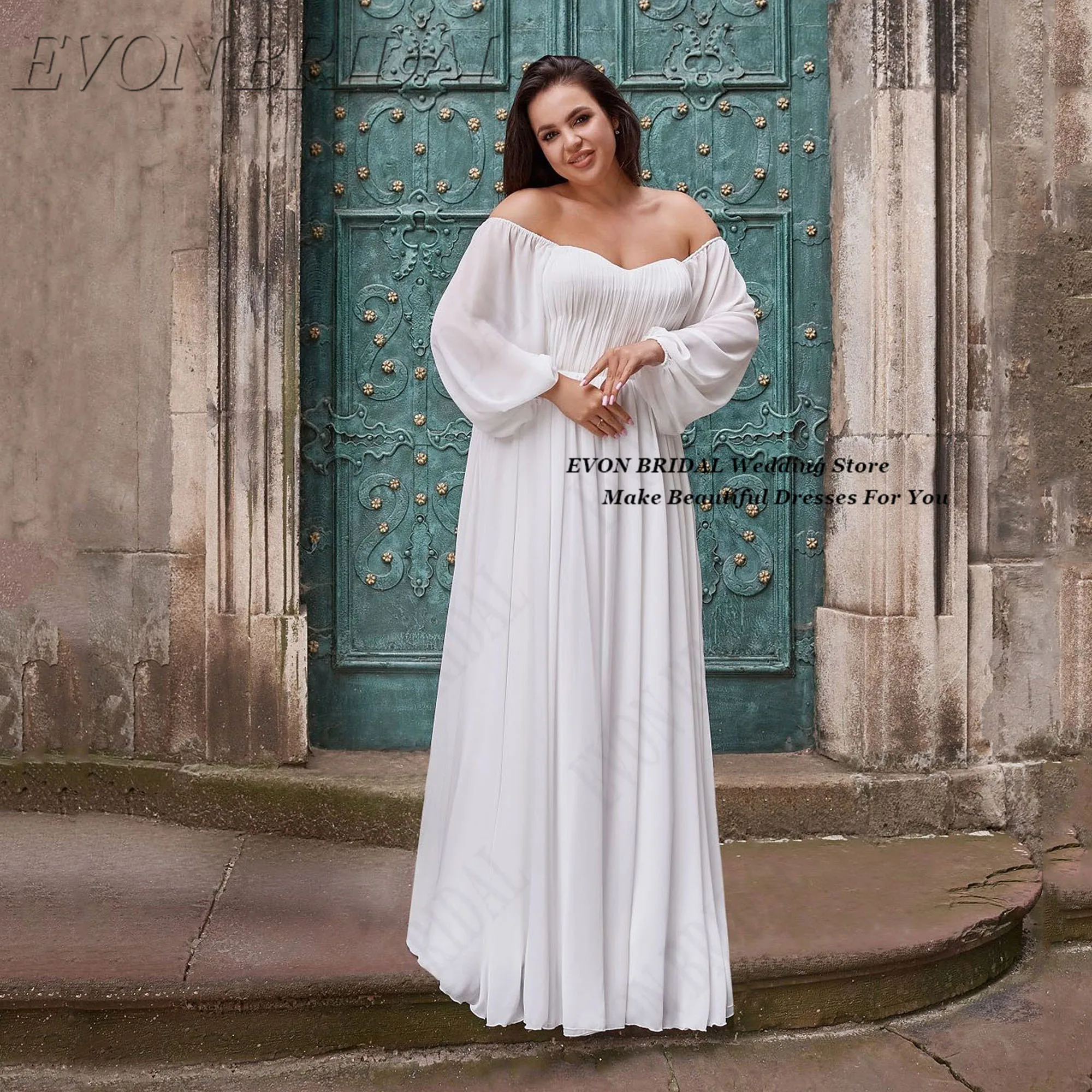 شيفون كم كامل بالإضافة إلى حجم فساتين العروس الدانتيل يصل فستان الزفاف المدنية مع الخامس الرقبة Vestido De Noiva EVON BRIDAL مخصص