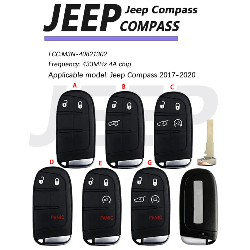 CN 086038   M3N- 40821302   Portachiavi con telecomando intelligente OEM per Jeep Compass 2017-2020 Chiave per auto originale con chip 4A 433 mhz SIP22 Blade