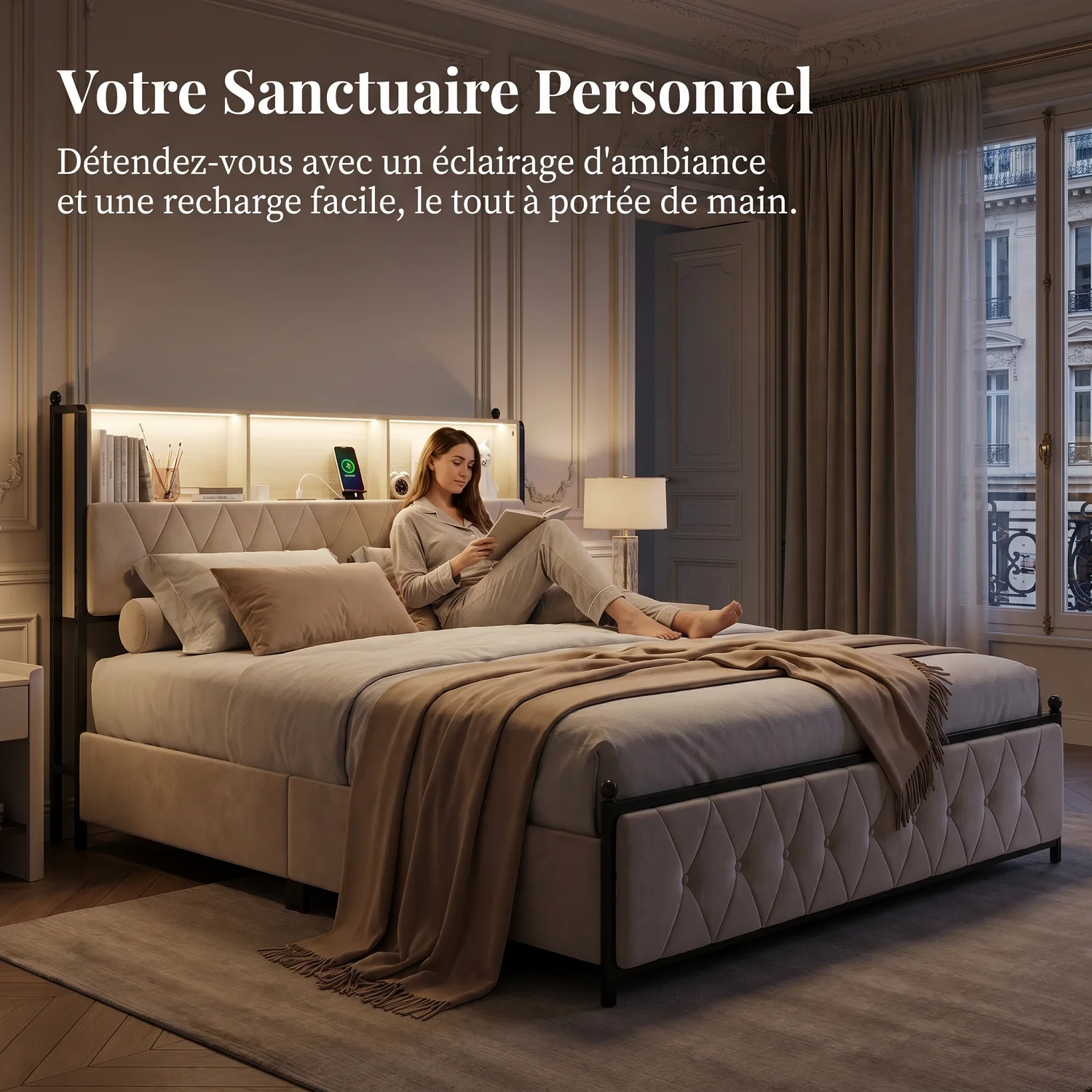 Anajqaqia Lit double rembourré 140 x 200 cm, lit avec tiroirs de rangement, cadre de lit pour adulte avec 4 tiroirs, meubles de chambre à coucher mode