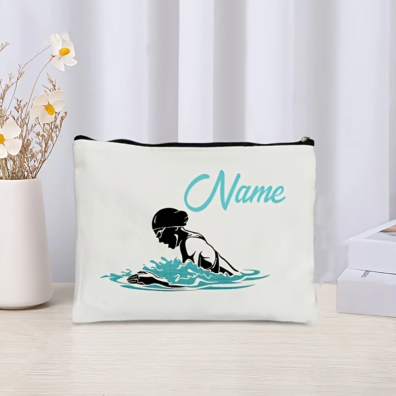 Personalized Swim Team Print Cosmetic Pouch Custom Name Light Zipper Travel Storage Bag Ideal Holiday Party Present