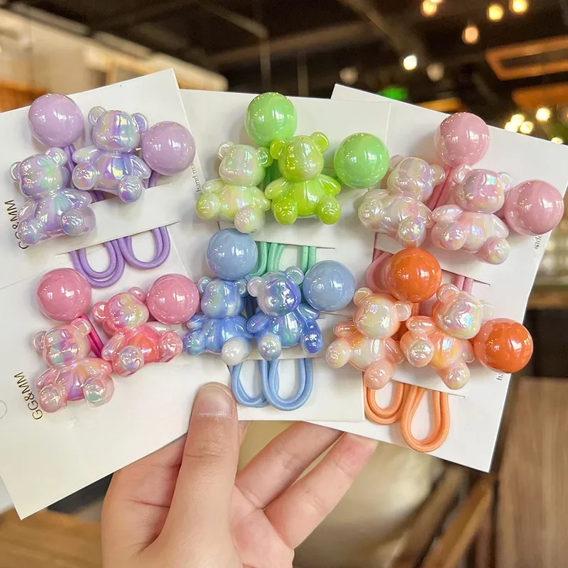 Bandes de cheveux élastiques pour filles, 2 pièces, joli ours assis dégradé, accessoires pour cheveux de princesse, attaches pour enfants, couvre-chef pour bébé