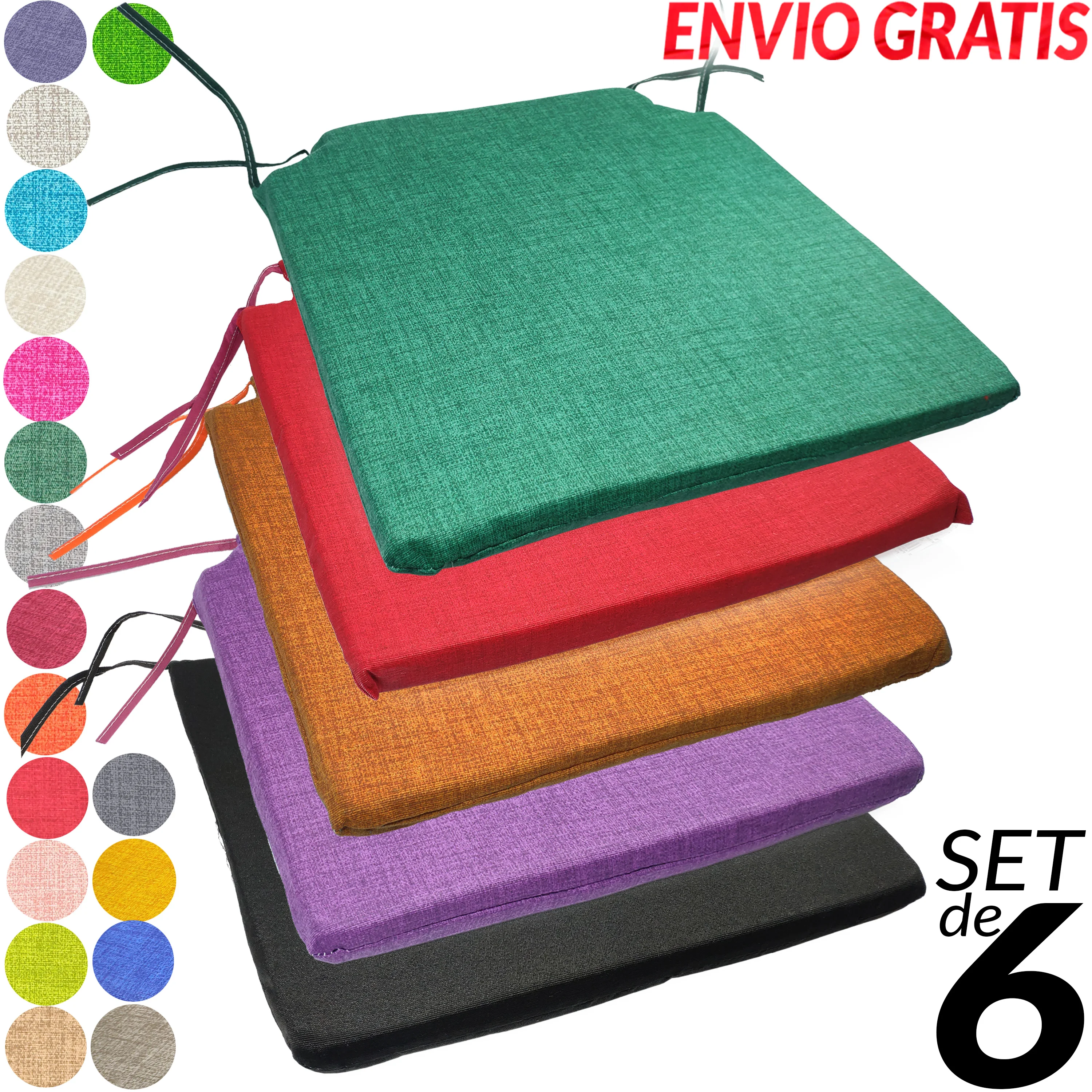 Set 6 chair cushions universal sofa for restaurant kitchen dining room garden lounge with ropes for holding and mooring 40x40 colors black Brown orange green gray Beige fuchsia red Blue lilac yMas