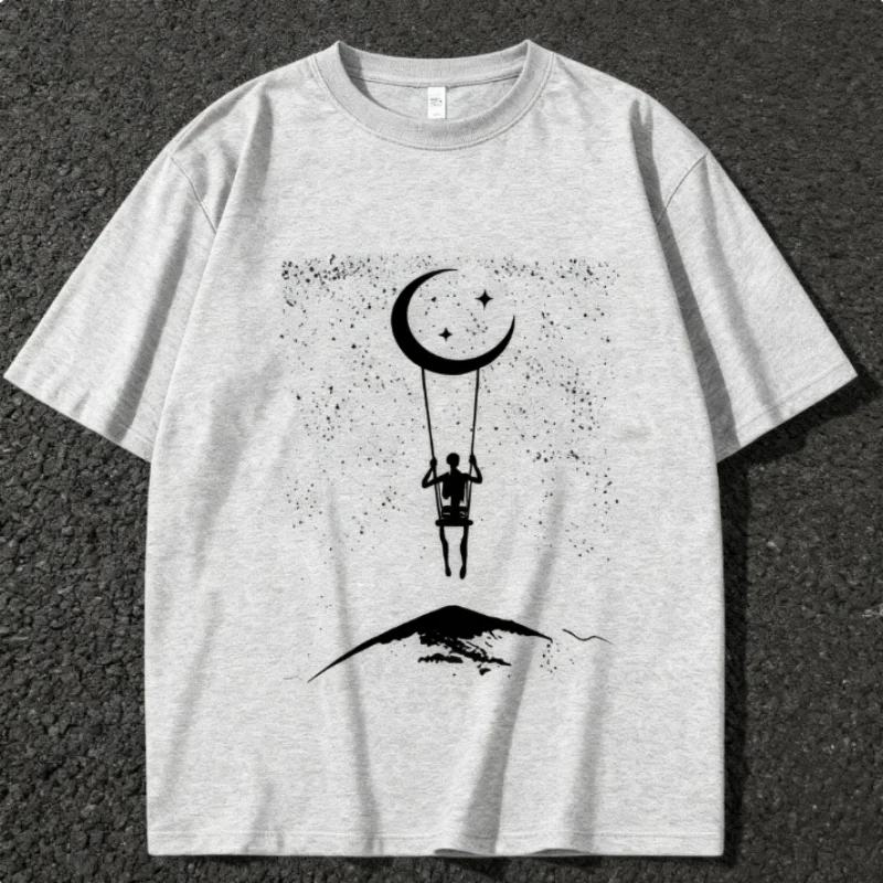 T-shirt manches courtes unisexe, 100% coton, imprimé Swing céleste, surdimensionné, motif créatif de lune et d'étoile, usage quotidien, tendance