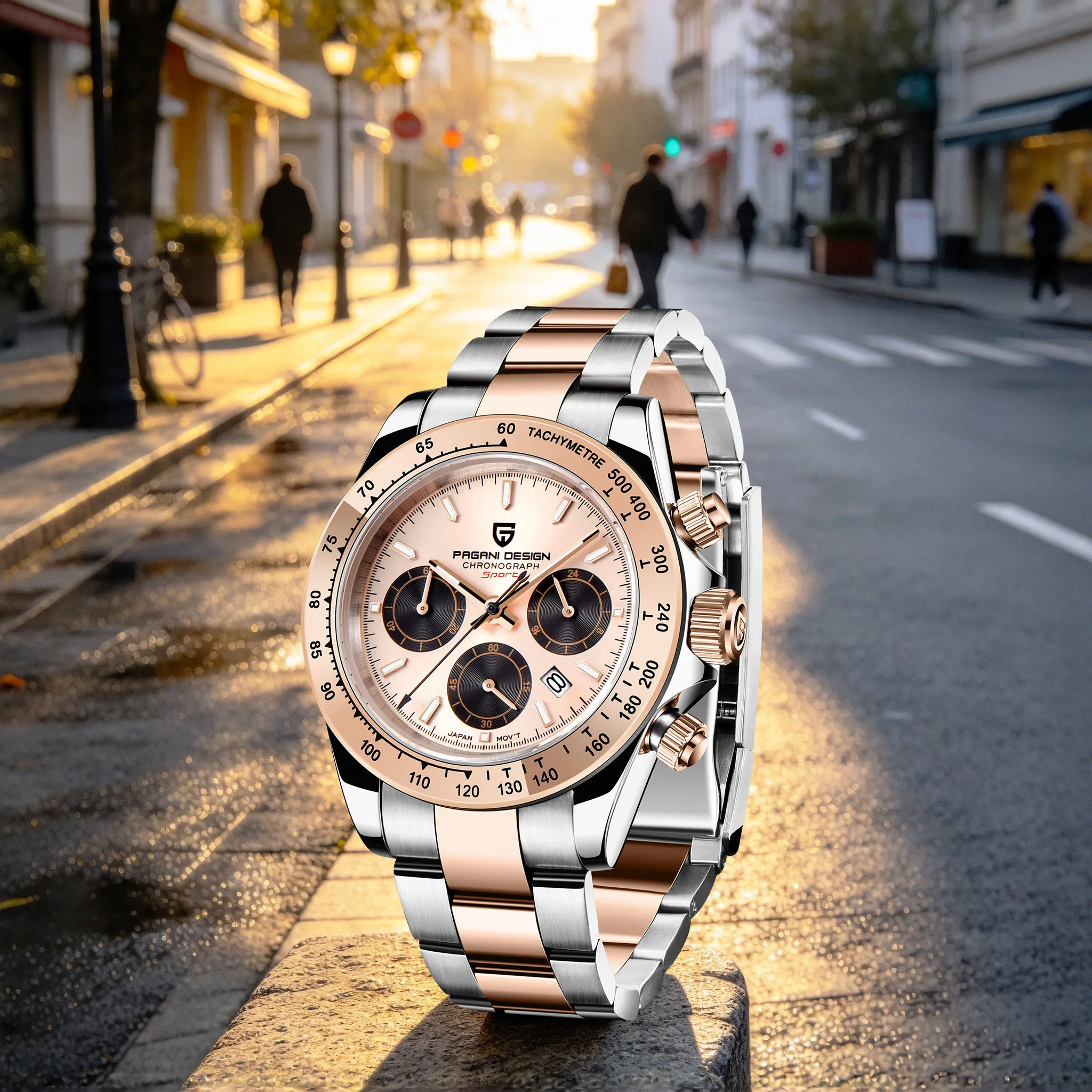2026 Pagani DESIGN Business Men Quartz Watches Champagne Dial Two-Tone Rose Gold Steel Bracelet Chronograph For Business Meeting