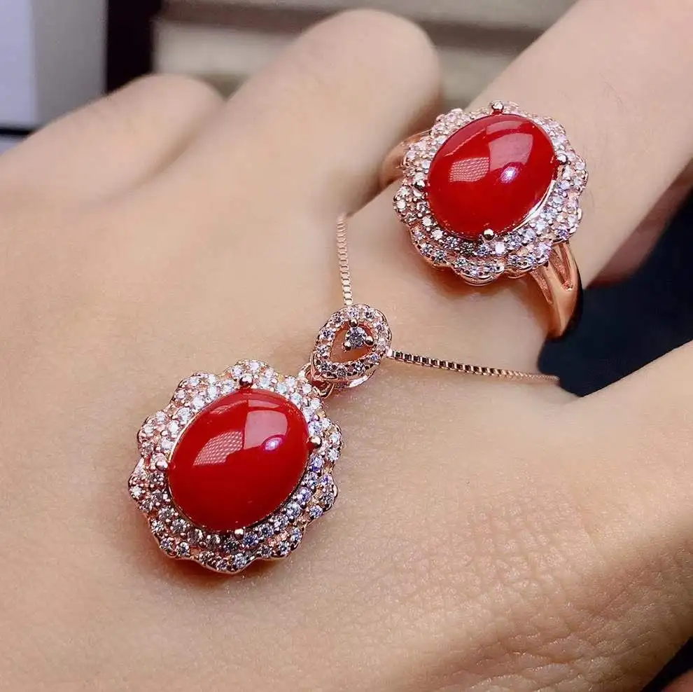 KJJEAXCMY Fine Jewelry 925 Sterling silver natural Red Coral Gemstone Korean women's Ring Pendant set send girlfriend birthday w view 3