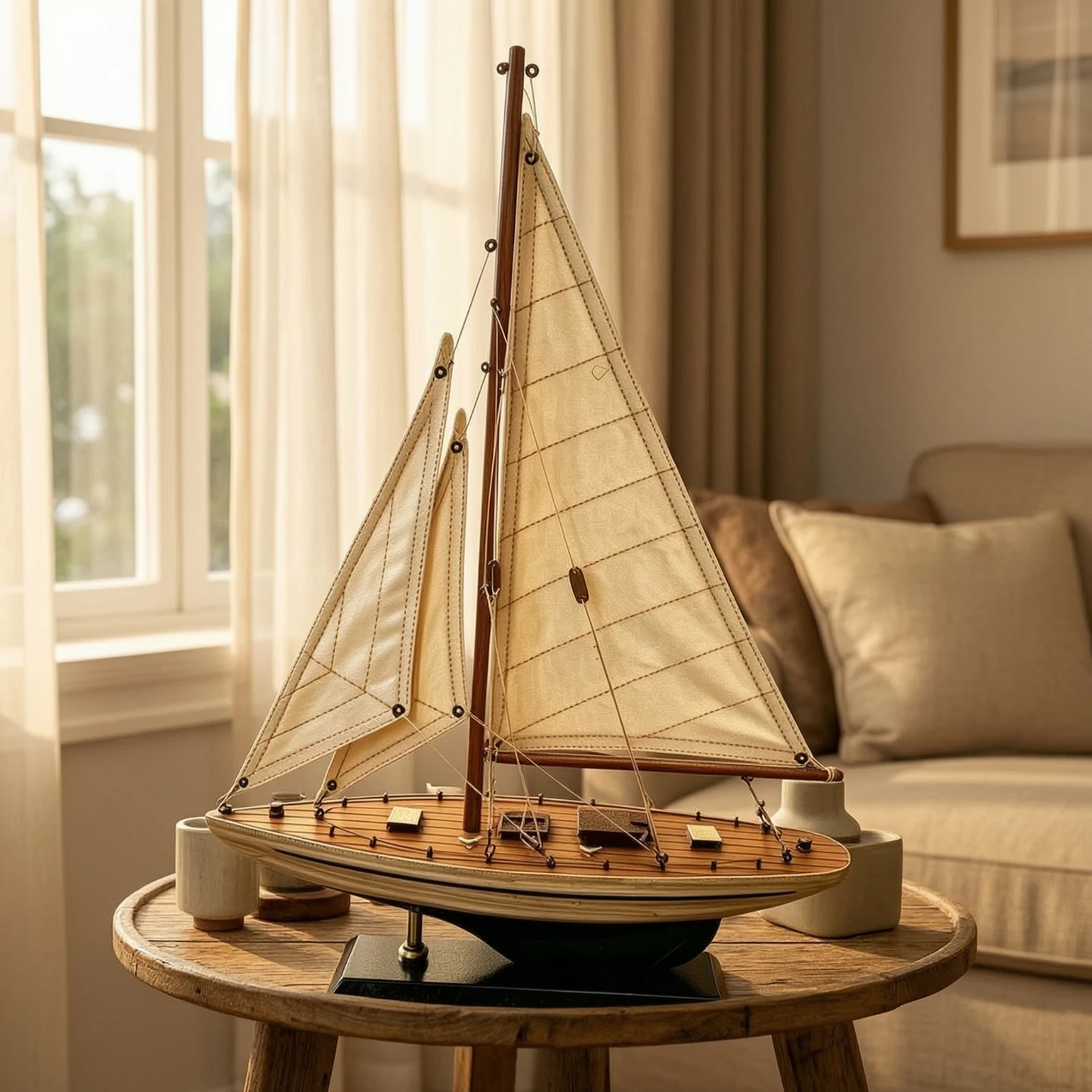 Wooden Sailing Boat Model with Stand Artisanal Wooden Sailboat Model Sailboat Decoration with Stand Miniature Small