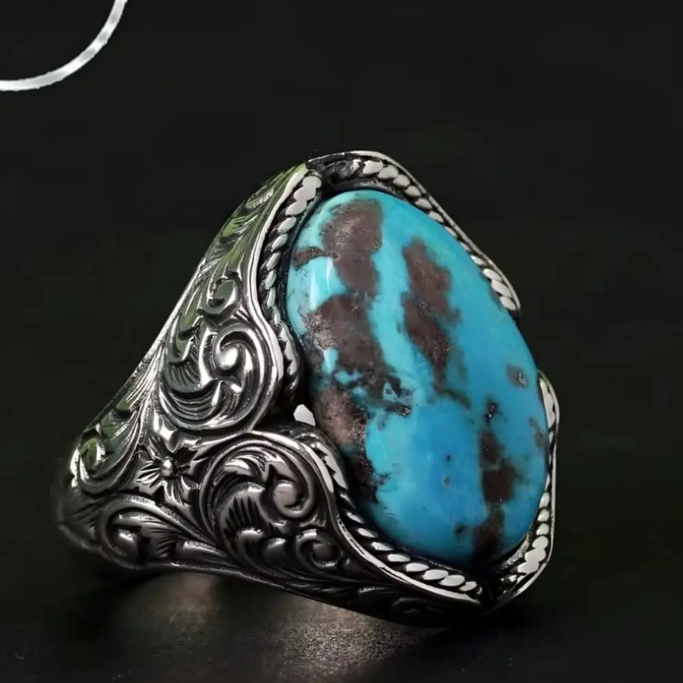 Handcrafted Engraved Silver Ring With Turquoise Stone, Natural Stone Engraving Patterned Jewelry, Unique Handmade Design