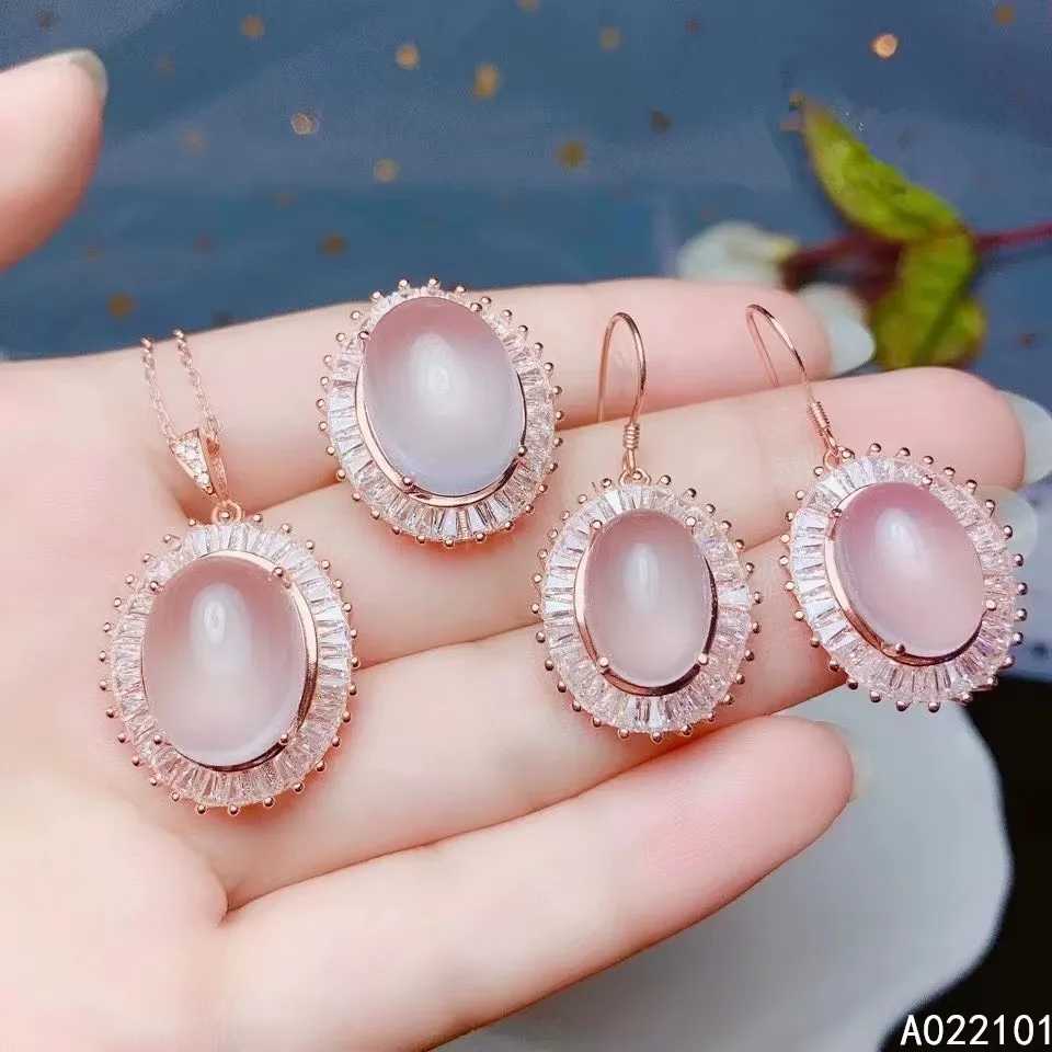 

KJJEAXCMY fine Jewelry 925 sterling silver inlaid natural Rose Quartz girl pendant ring earring set Party, birthday, wedding gif