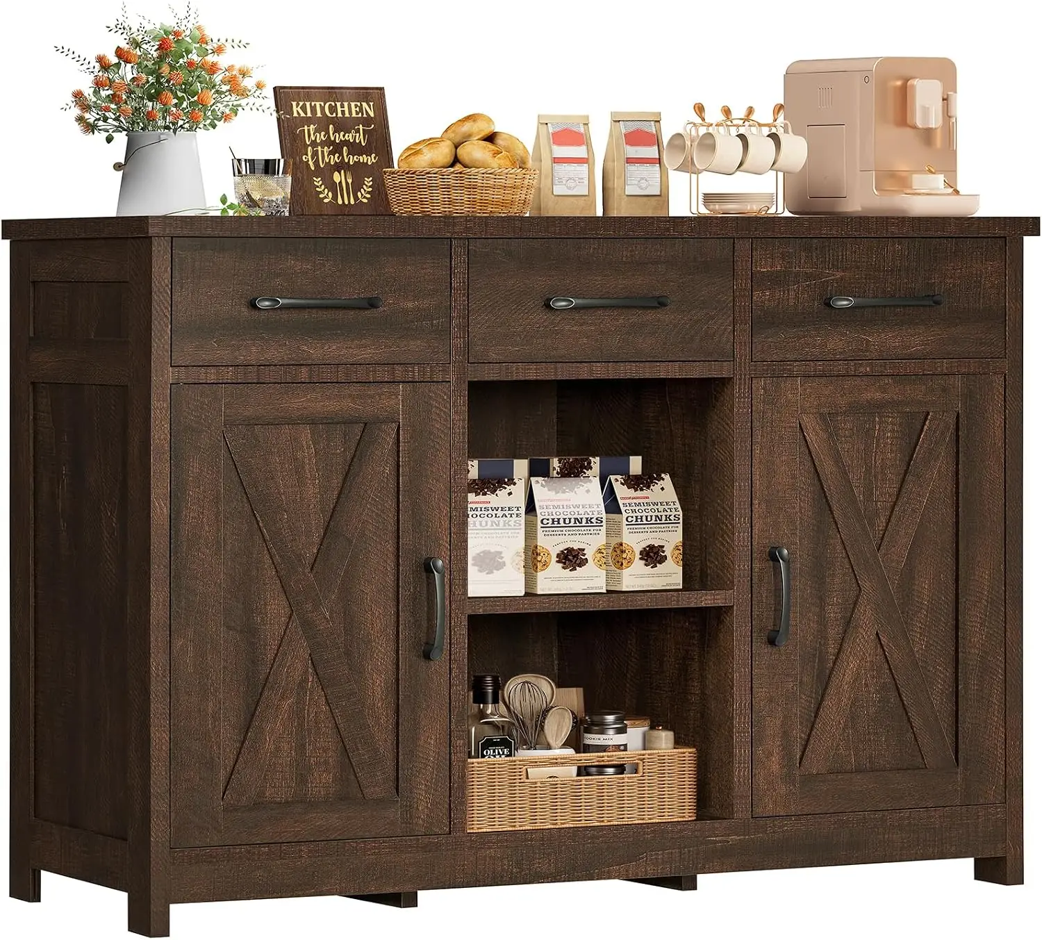Coffee Bar Cabinet With 3 Drawers, Farmhouse Buffet Cabinet Kitchen Buffet Sideboard Cabinet With 2 Adjustable Shelves & 2 Doors, for Kitchen Room, Dining Room, Living Room, Dark Brown