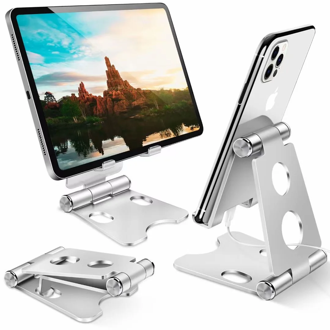 Mobile phone holder aluminum foldable for Tablet Ebook Ipad etc. Up to 12.9 inches, anti-slip, silver Color.