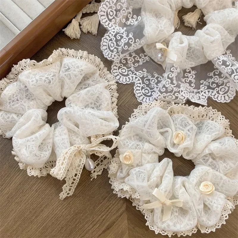 French Style Sweet White Lace Edge Oversized Hair Scrunchies Women Low Ponytail Holder Hair Bands Rubber Band Lolita Hair Ropes — zdjęcie 2