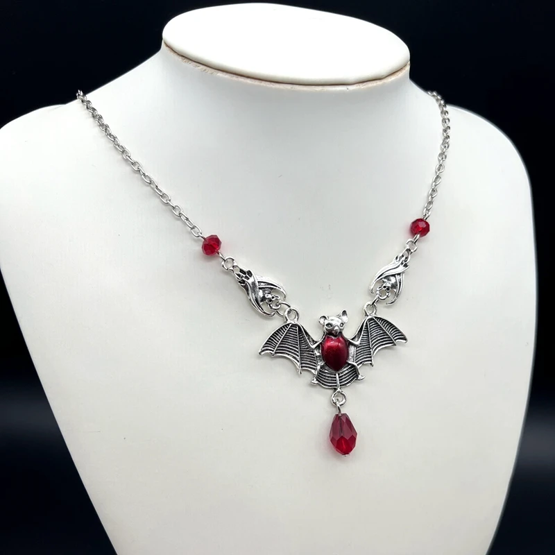 Stunning Gothic Vampire Bat Necklace Red Crystal Beads Vampire Bat Necklace Gothic Jewelry, Statement Necklace,