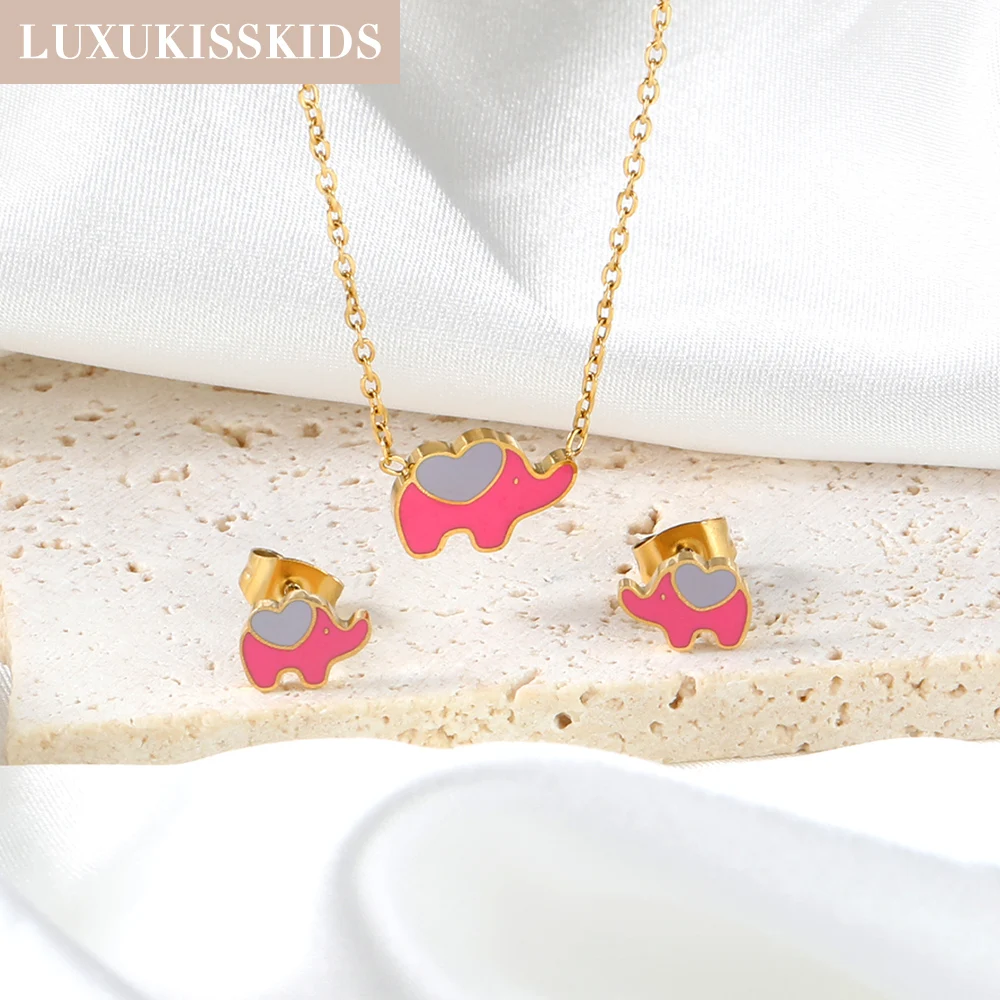 LUXUKISSKIDS Cute Pink Elephant Jewelry Sets Small Sakura Pendant Necklace Earrings Set Fairy Girls Steel Daisy Accessories Gift
