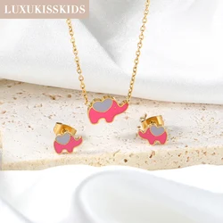LUXUKISSKIDS Cute Pink Elephant Jewelry Sets Small Sakura Pendant Necklace Earrings Set Fairy Girls Steel Daisy Accessories Gift