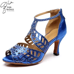 Woman blue latin dance shoes girls crtystal bachata salsal dancing shoes for girls suede leather