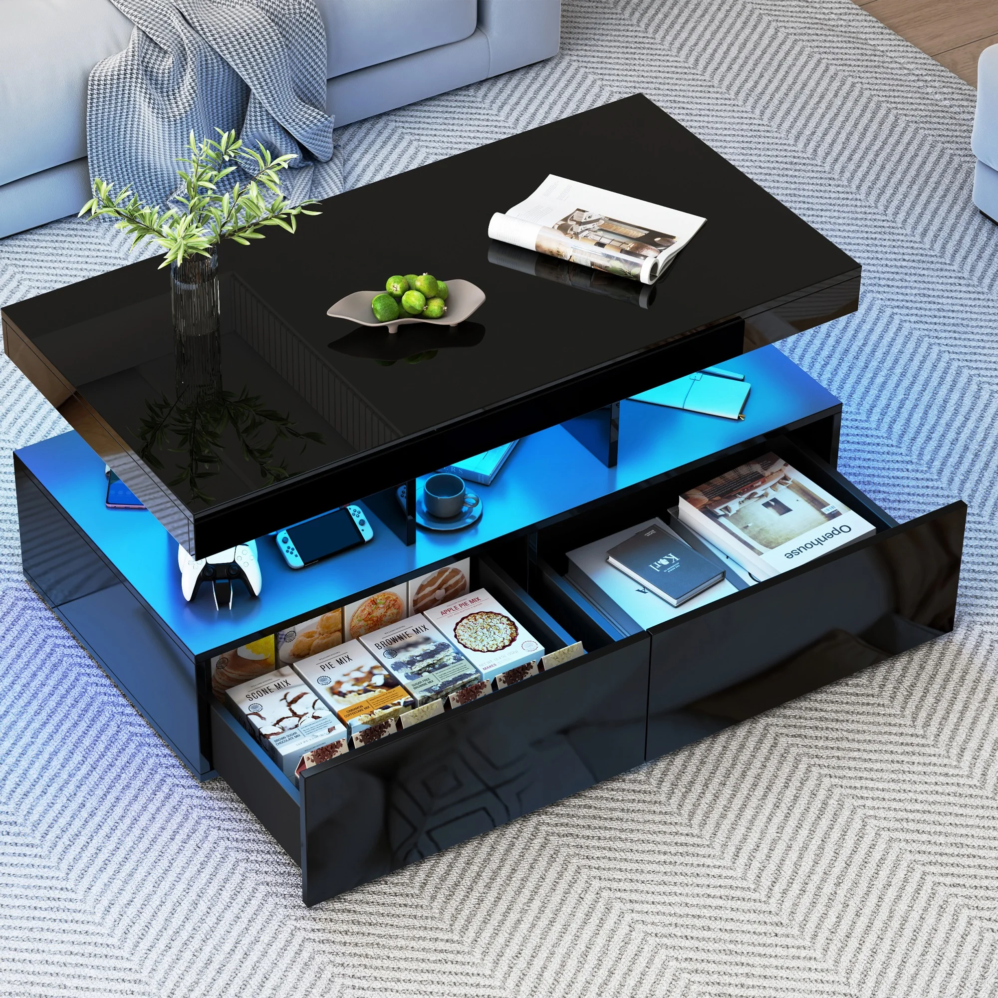 Imagen 3: Anajqaqia Mesa de centro brillante con LED, compartimentos abiertos, 2 cajones, mesa auxiliar, mesa de sofá, rectangular