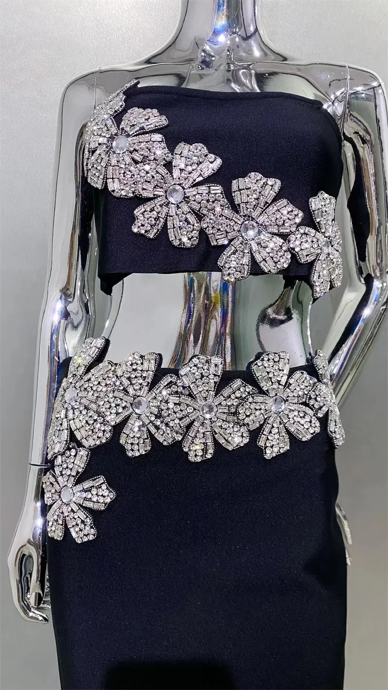 High quality women summer black Diamond flower short tops +high waist pencil skirt 2 piece bandage set vintage