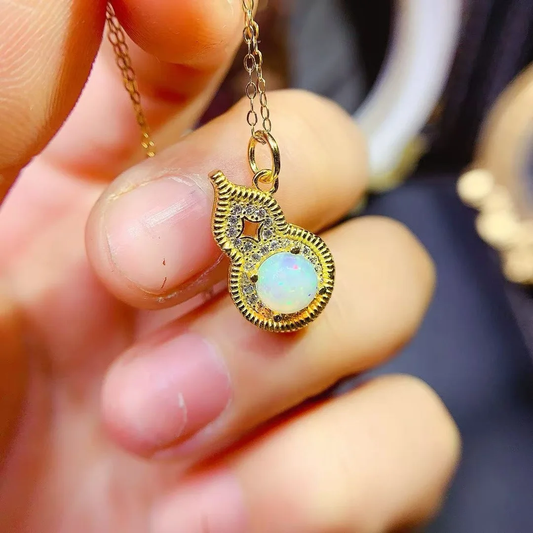 Boutique Jewelry Girls' Pure Natural Opal Pendant Necklace 925 Pure Silver Electroplating 18K Gold Christmas Gourd Gift for Girl
