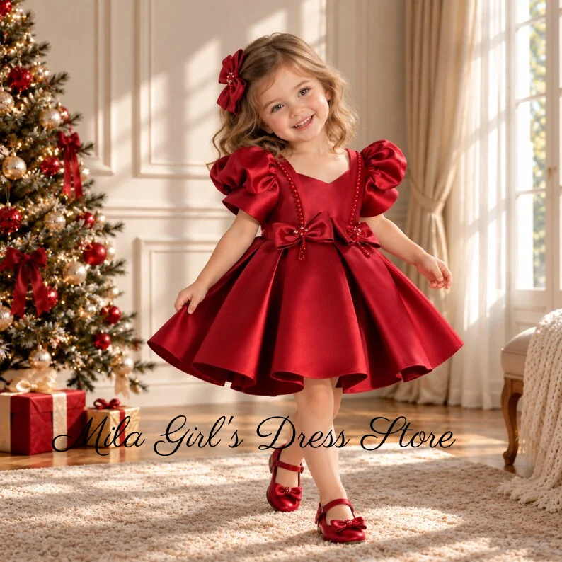 Red High-Quality Satin V Neck Flower Girl Dresses Baby Girls' First Birthday Princess Dress Wedding Customized Communion Gowns