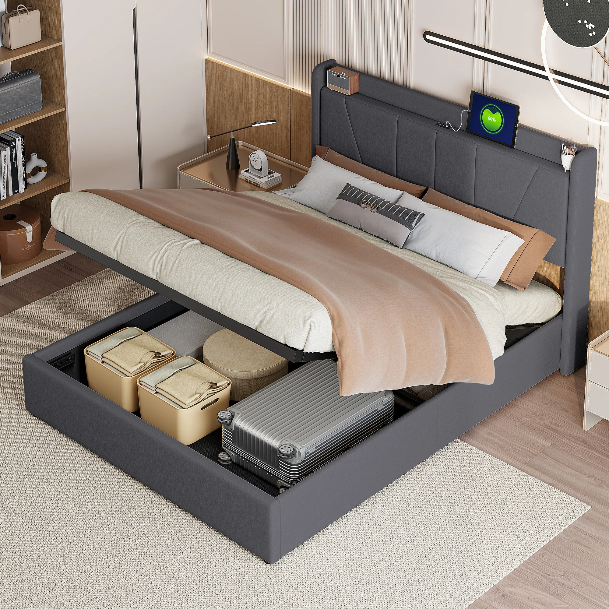 Anajqaqia Letto matrimoniale imbottito 160 x 200 cm, letto per adulti con contenitore idraulico, ampio spazio di archiviazione sotto il letto, design moderno e minimalista con tessuto in lino