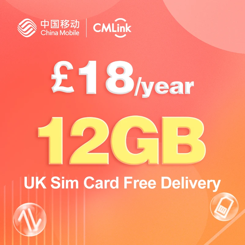 5G Non-Contract SIM Card, 1 Year 12GB Data, 200 Mins Calls, Free Roaming EU&China, UK Phone Number, Can Top Up Yourself