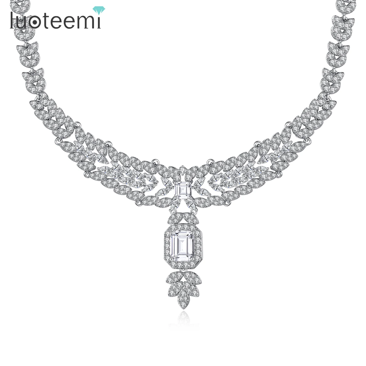 

LUOTEEMI Luxury Leaves Shape Women Wedding Necklace for Bridal Stunning Micro Cubic Zirconia Paved Gorgeous Bride Super Jewelry