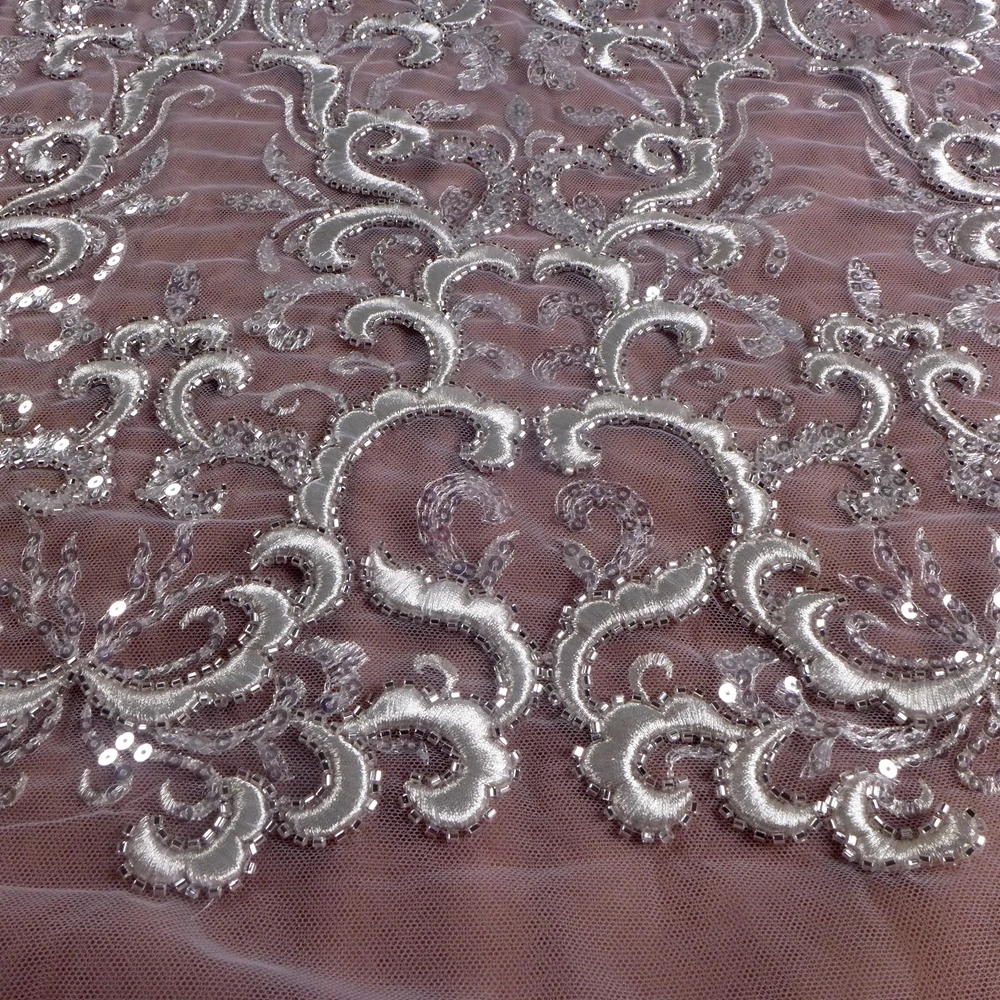 

HelluyerDC heavy Silver beading lace fabric,Large One Side patterns lace for fashion,wedding,evening,dance gown by the yard