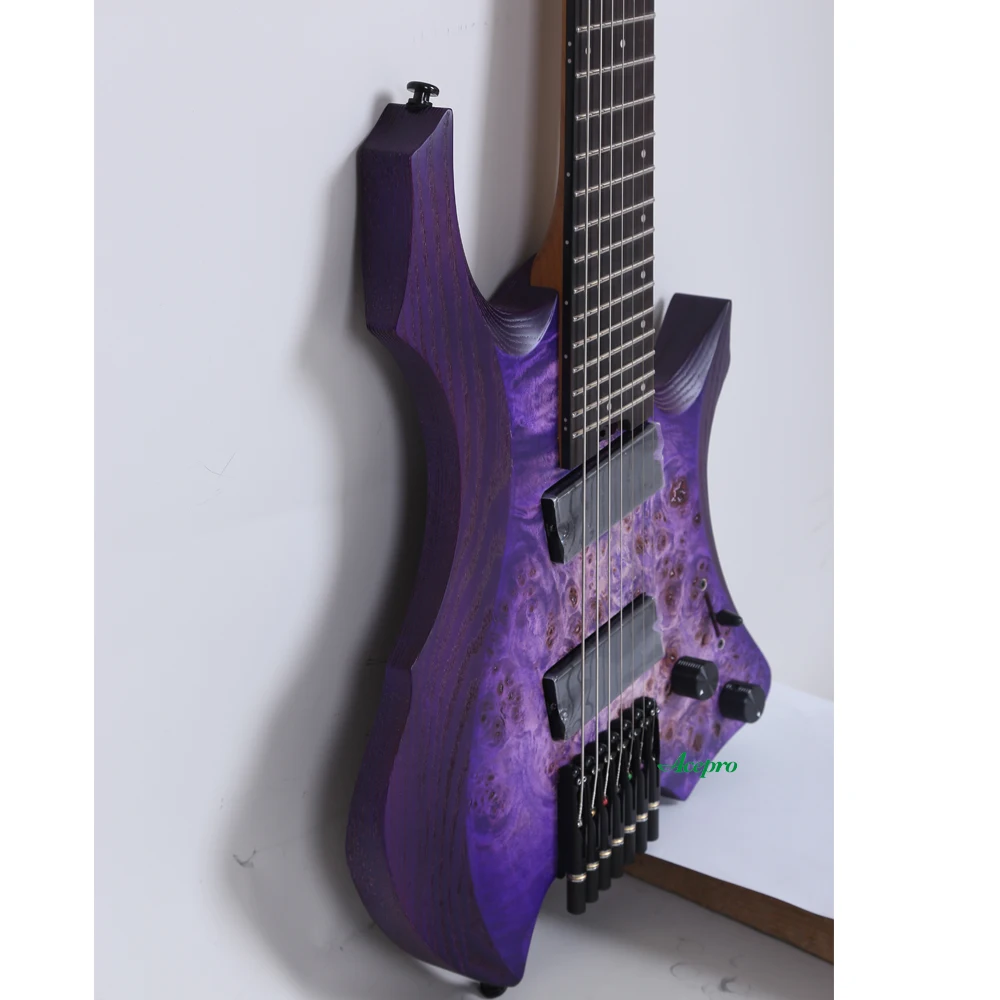 Acepro 7 String Purple Headless Electric Guitar Fanned Frets Active Pickups 9 Piece Roasted Maple Neck Jumbo Stainless Steel