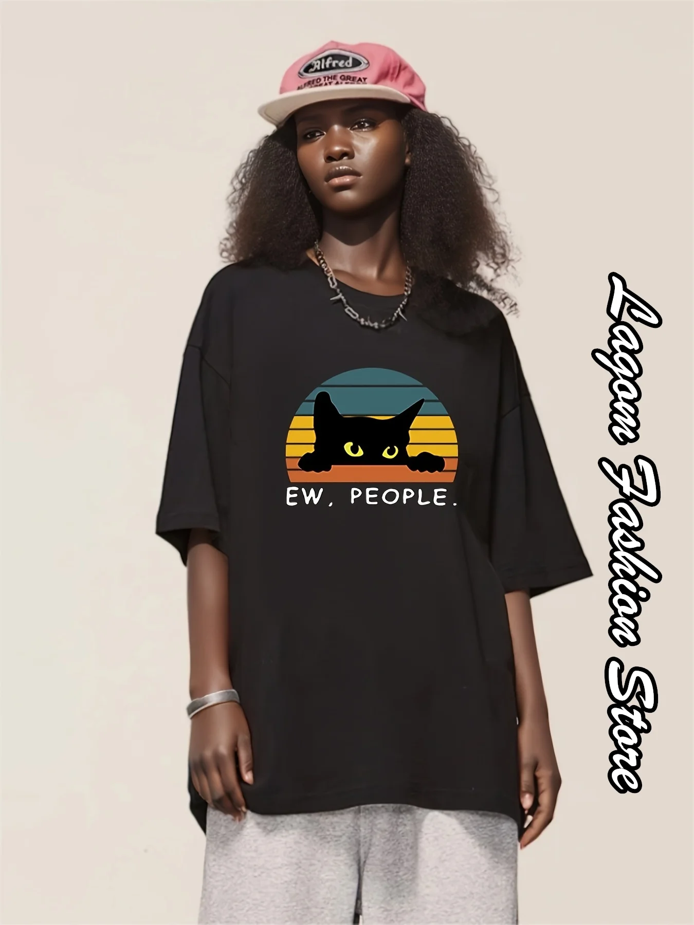 Summer Women Fashion Cotton T-Shirt EW People Black Cat Print Tops Tees Vintage Short Sleeve Clothing Female Casual Streetwear