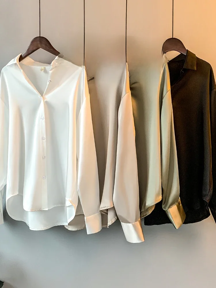 Senhora do escritório blusa de manga longa feminina outono 2023 overshirt cetim femal roupas