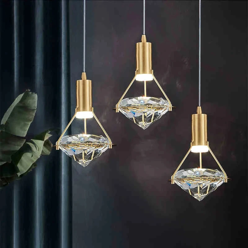 

Modern Copper Gold Single Pendant Lamp Dining Room Bedroom LED Lighting Luxury Diamond K9 Crystal 3W Warm White Dimming Fixture