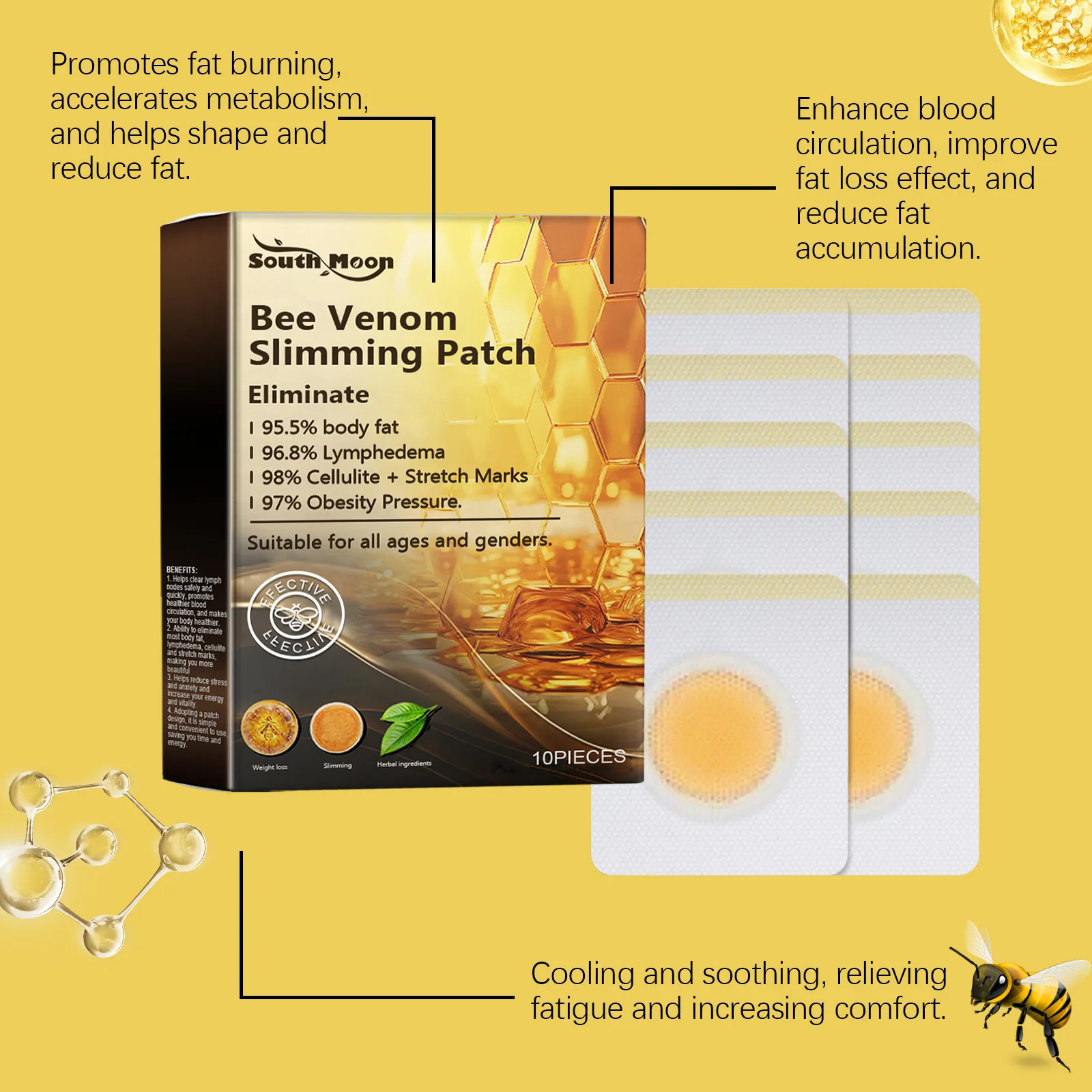 South Moon 10pcs Bee Venom Body Shaping Patch Belly Slimming Weight Loss Detox Abdominal Relieve Stress Muscle Tighten Patches