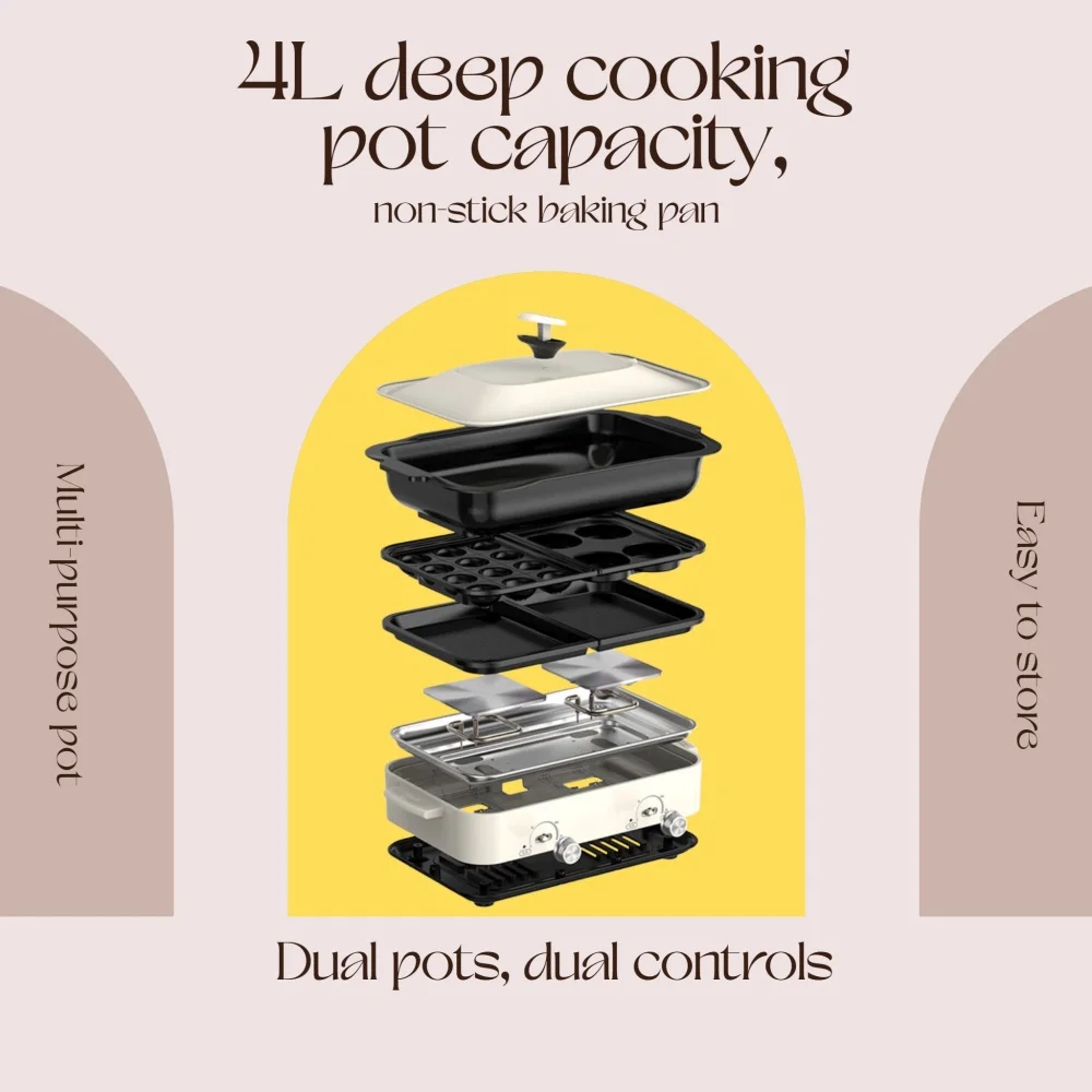 Household multi-functional cooking pot, split electric hot pot, electric oven, dual-compartment pot，Portable / Compact/NonStick