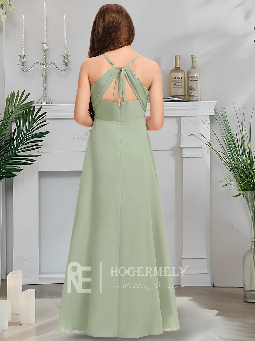 

C Kids Child V-Neck Junior Bridesmaid Dress Sage Green Flower Girl Dress Floor-Length Chiffon With Cascading Pleated Layers