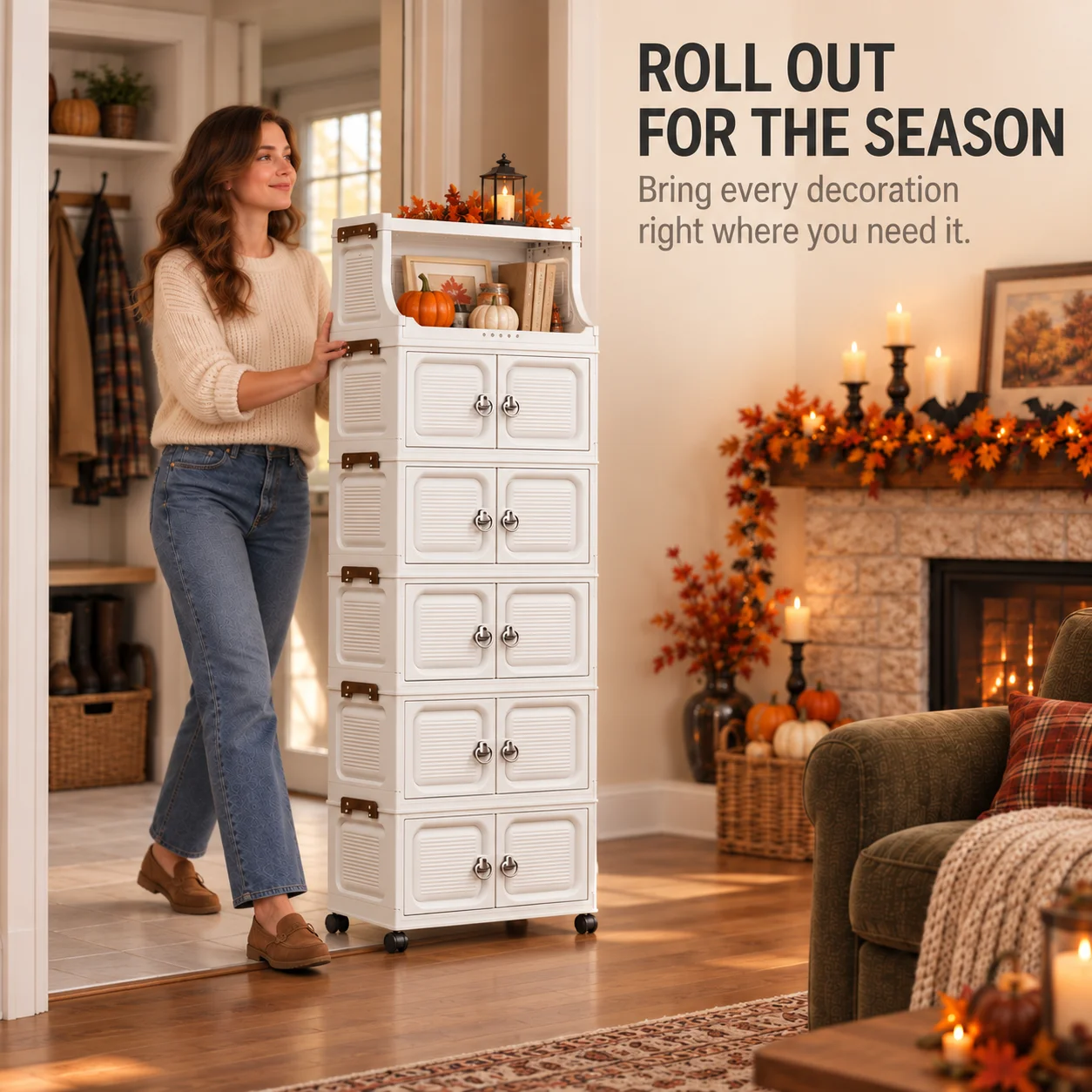 Rolling Plastic Storage Cabinet with Doors, 3/4/5/6-Tier Foldable Modular Organizer with Open Top Shelf and Wheels, Stackable Storage Unit for Living Room, Bedroom, Pantry, Bathroom and Seasonal Decor