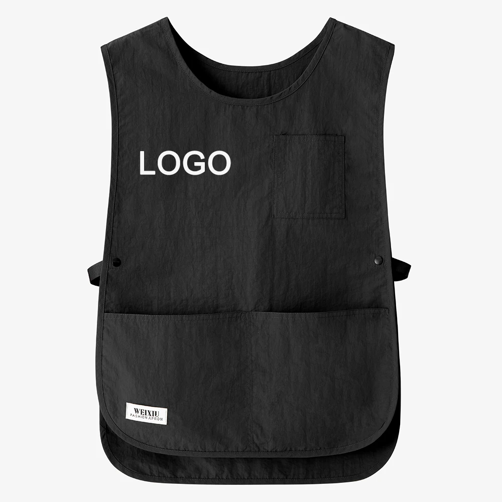 Delantal tipo chaleco con logotipo personalizado, delantal de trabajo Unisex impermeable, transpirable con 4 bolsillos, delantal para uniforme de cafetería y panadería