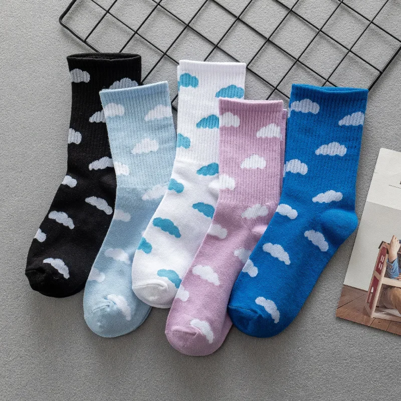 Chaussettes femme bleu ciel petit nuage blanc frais étudiant sport marée chaussettes femme Couple Hip-hop Skateboard chaussettes