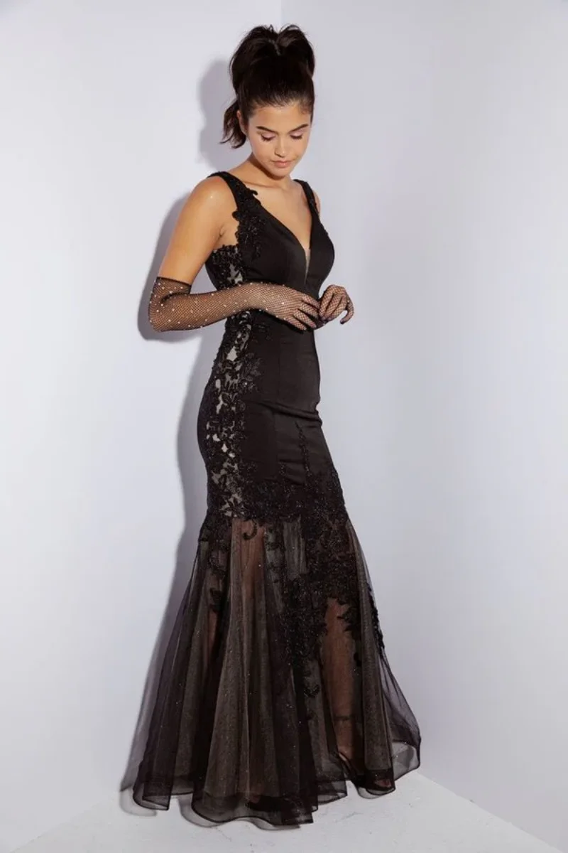 Jessica sirène col en v robes de soirée dentelle Tulle broderie robes de bal noir soirée Occasi Occasions formelles personnalisées