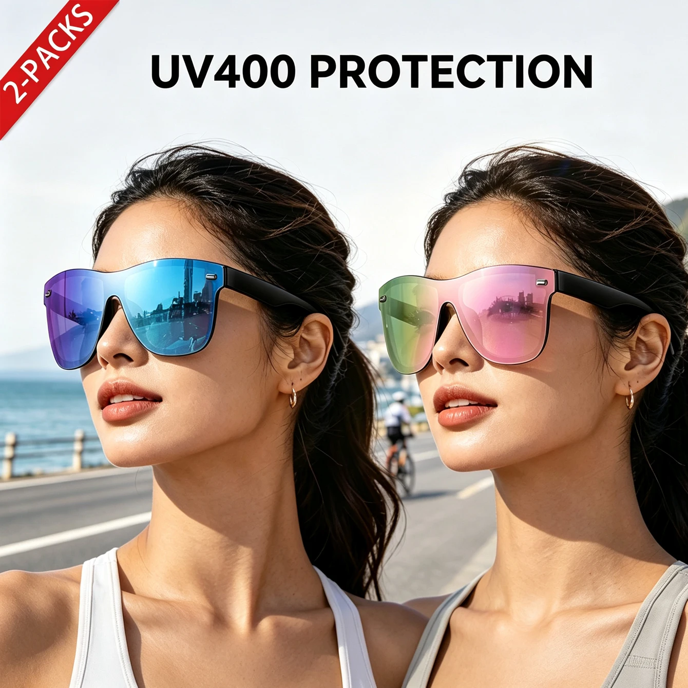 2 Pairs Unisex Big Frame UV400 Sports Sunglasses, Eyewear for Running, Fishing, MTB Bicycle & Daily Shopping