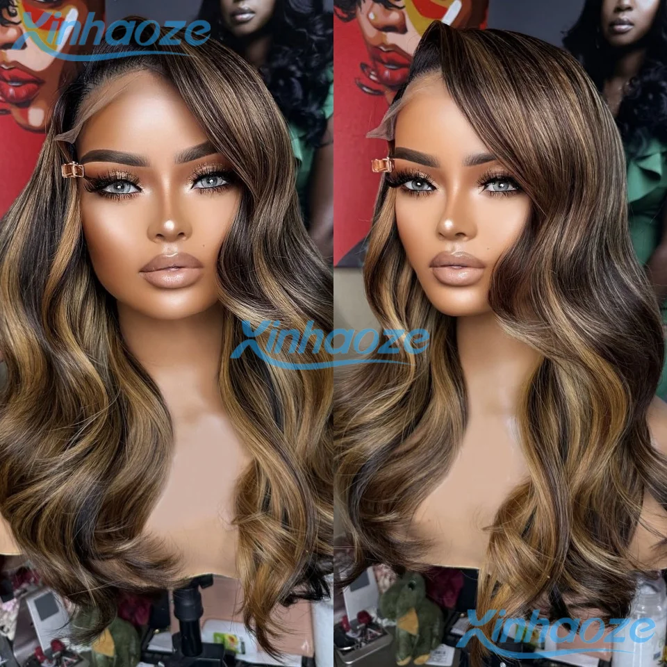 Side Right Part Body Wavy #4/27 Dark Brown Blonde Highlight Human Hair Glueless 5x5 Silk Top Wigs Pre Plucked 360/Full Lace Wigs