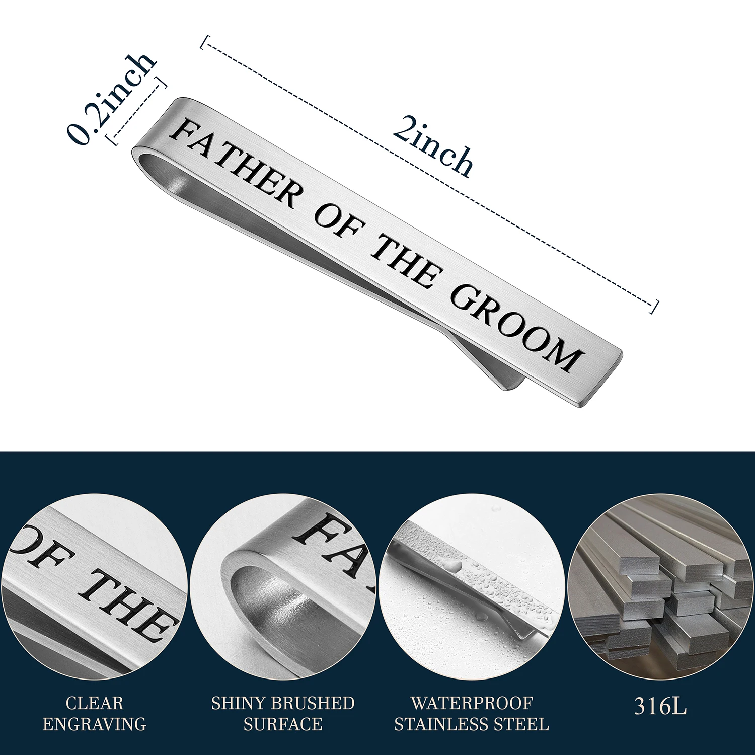 Father of the Groom Engraved Tie Clip for Men 2 Inch 316L Stainless Steel Brushed Surface Wedding Formal Suit Tie Bar Gift