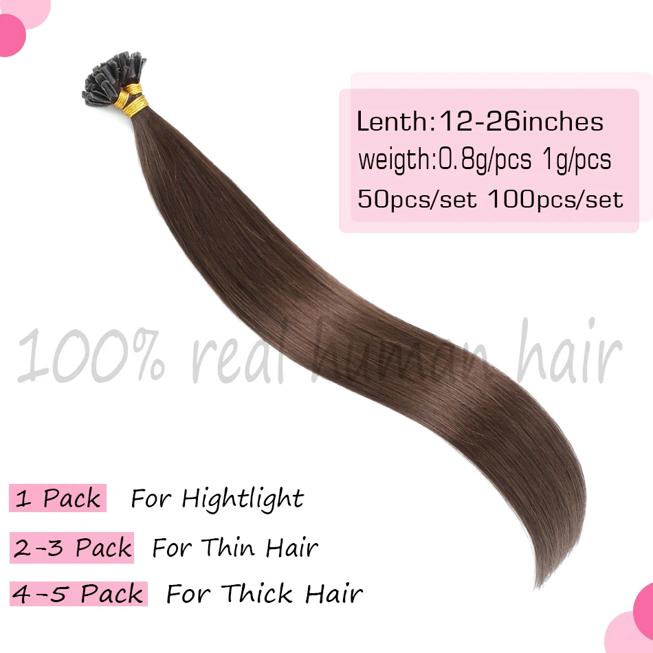 Ekstensi ujung U rambut manusia lurus pre-bonded Italia Keratin fusi kuku ekstensi rambut Virgin 0.8 g/s 1 g/s