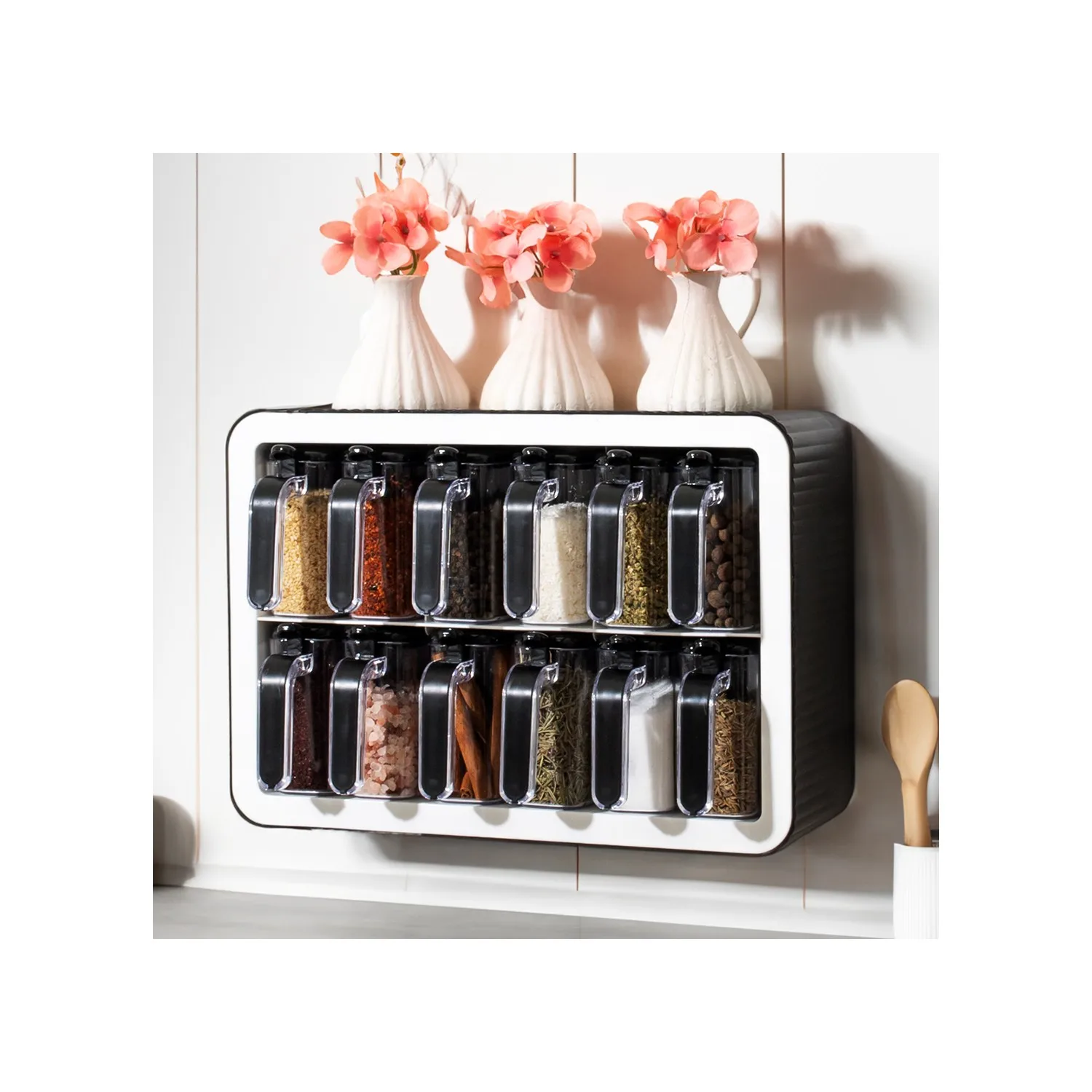 

Self-Adhesive Spice Jar Set with Spoon and Lid Black and White 12-Piece Wall-mounted Spice Box Made of Ser Plastic Fast Shipping