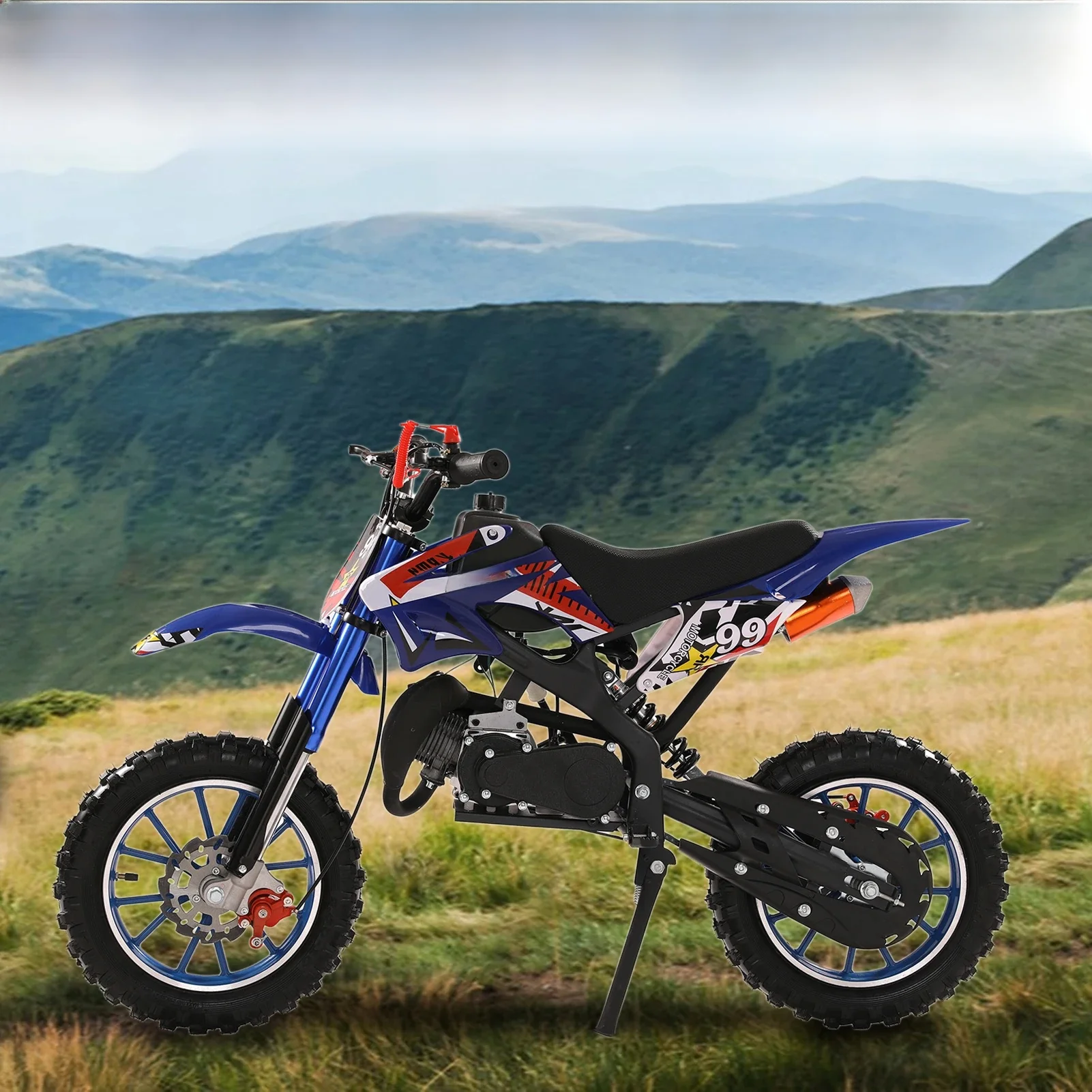 AliExpress NONE 49cc 2-Stroke Dirt Bike, Gas Power Motocross, Off Road Mini Motorcycle with Front Rear Disc Brakes, Max Speed 40KM/H (Blue)