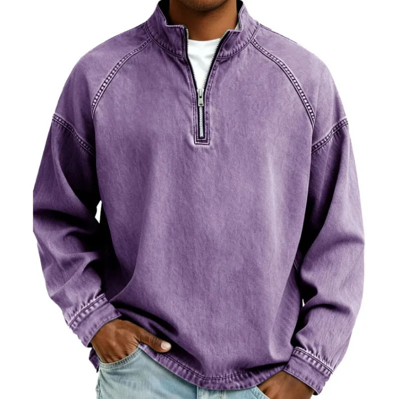 Henley Shirts for Men Quarter Zip Pullover Vintage Distressed Stand Collar Polo Denim Sweat Long Sleeve Sweatshirts Mock Neck view 6