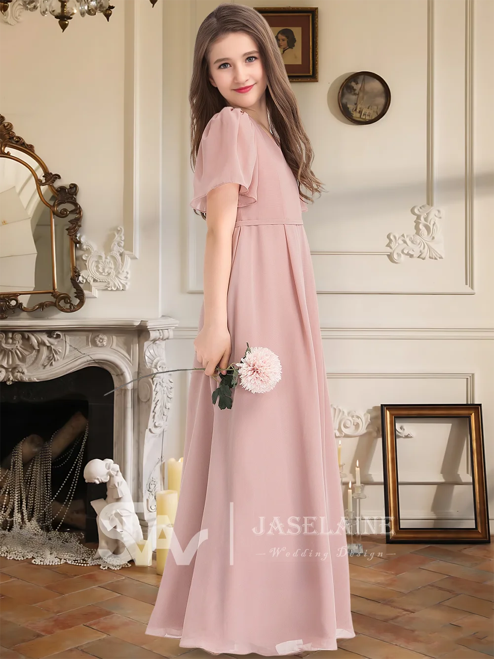 

A Kids Elegant A Line V Neck Floor Length Chiffon Junior Bridesmaid Dress With Belt Flower Girl Dress Wedding Party Formal