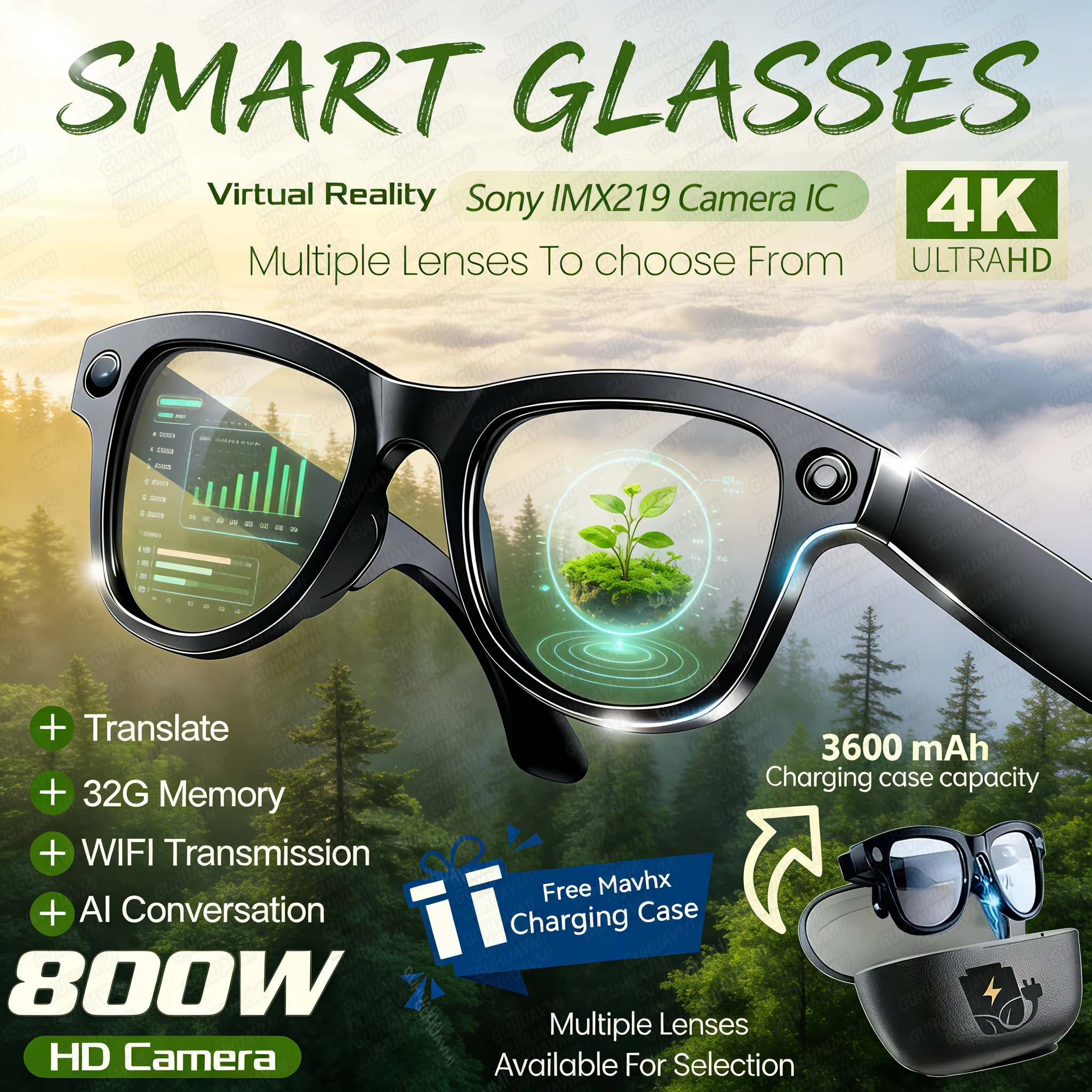 

Новые умные AI-очки 2026 года с камерой 4K 800W, ChatGPT, фото и видео, зарядным кейсом 3600 мАч (Power Bank), 32 ГБ памяти, функцией перевода и музыкой, солнцезащитные очки