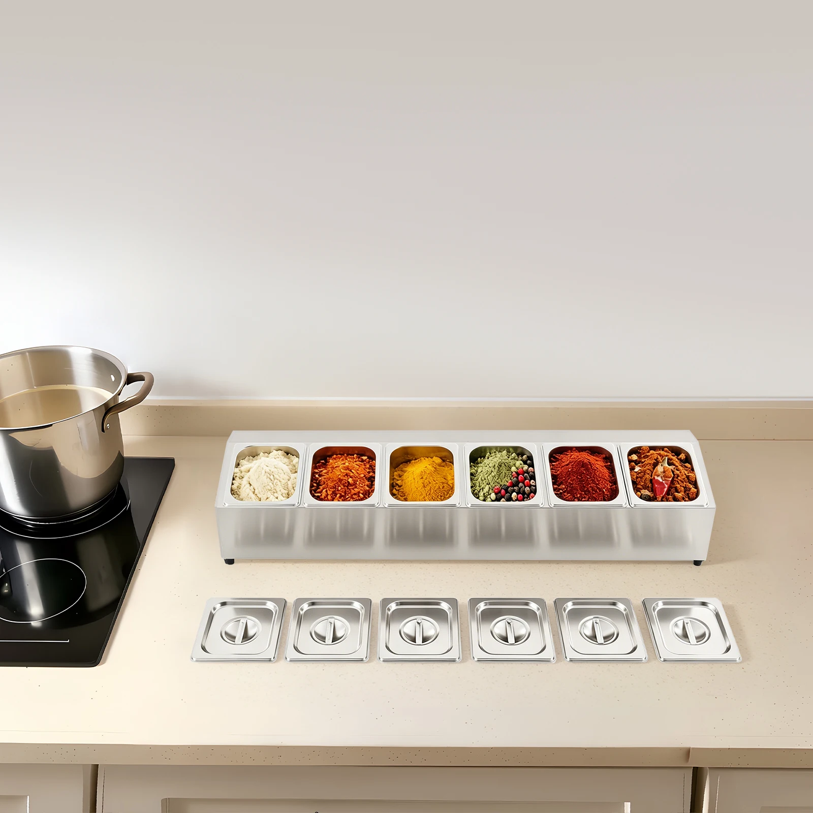 Mounting Board Pizza Topping Station Organizer Container Food for GN Containers Gastronorm RCPN 6 (Stainless Steel, Incl. 6 GN 1/6 Containers with Lid, Dishwasher Resistant)