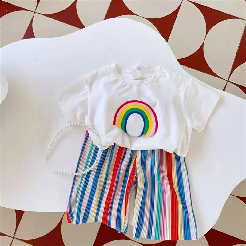 Dziewczynek zestaw letni 1-8Y moda dziecięca T-Shirt + spodnie w paski 2 szt. Maluch letnia odzież garnitury dziecięce stroje z krótkim rękawem — zdjęcie 2